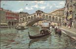 Image of postcard with a painting of a gondola on a Venetian canal, Venice,
      Italy
