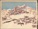 Image of front of postcard showing an artistic rendering of a pueblo in the American
      southwest covered in snow.